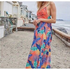 She & Sky Summer Halter Maxi Dress In Orange/Blue Hues Crochet Top Large #844